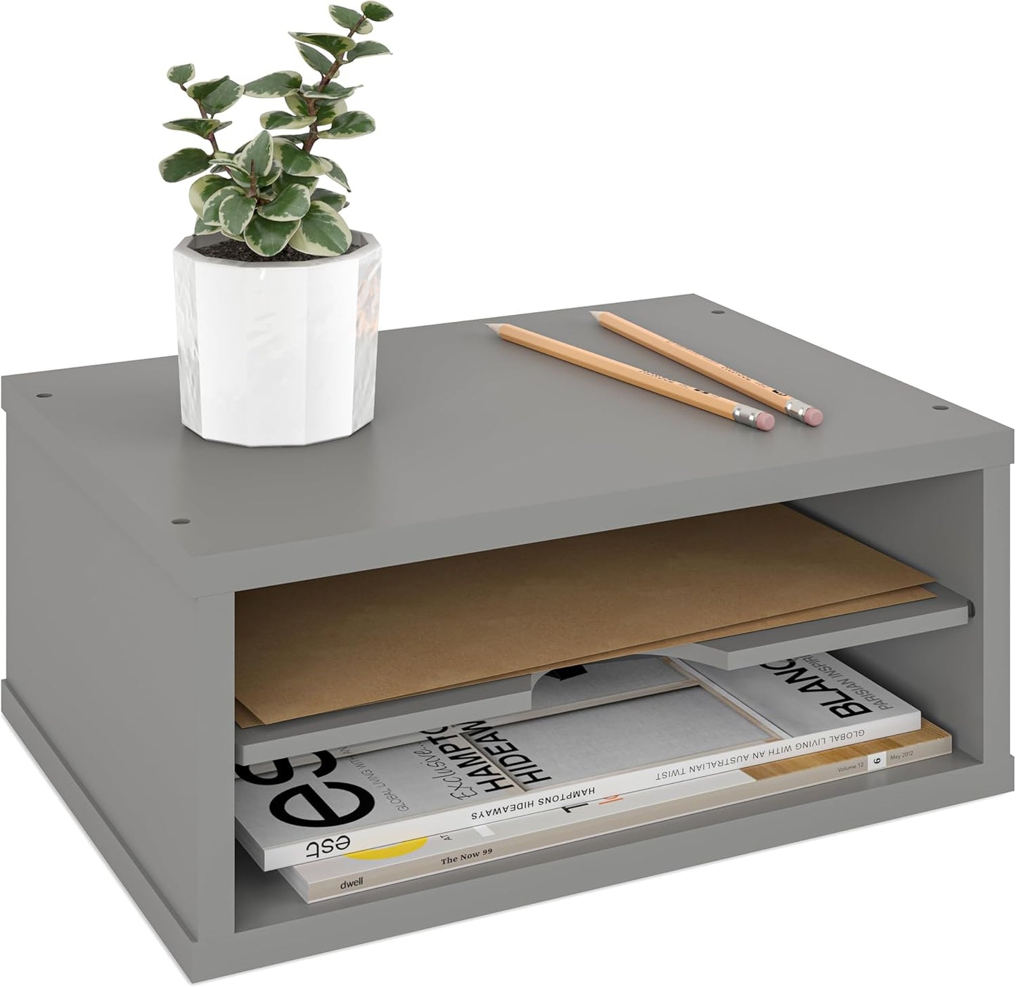 Ballucci File Organizer, 2-Tier Document Paper Sorter, Stackable Wood Desk Organizer Mail Holder, Monitor Stand with Storage Shelves, White