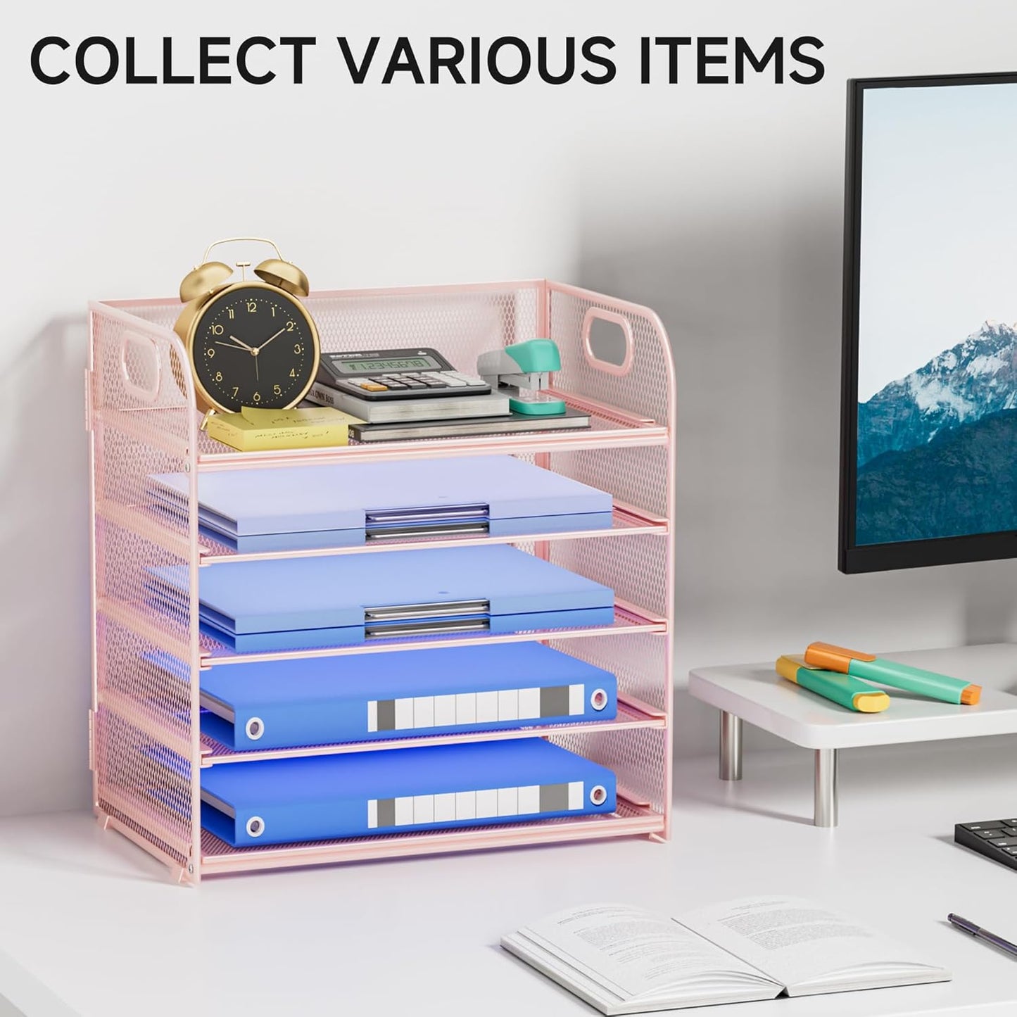 Paper Organizer Letter Tray with Handle, 5-Tier Black Stackable Desk Organizer with Metal Mesh, Sturdy Paper Tray for Office Desk, Home & Classroom Supplies Storage