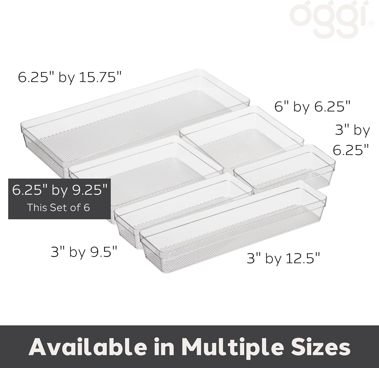 Oggi Clear Drawer Organizer - 3" X 9.5" (Set of 6) - Ideal for Organizing Kitchen Drawers, Office, Desk, Silverware, Kitchen Utensils, Cosmetics and Bathrooms