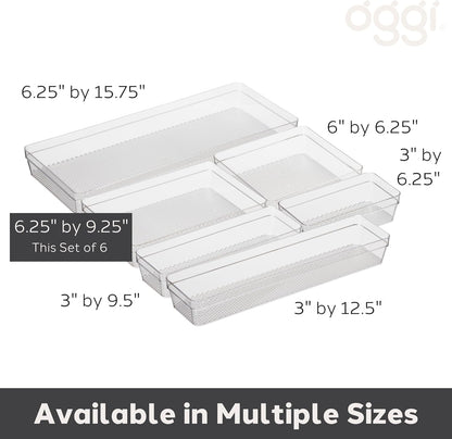 Oggi Clear Drawer Organizer - 3" X 9.5" (Set of 6) - Ideal for Organizing Kitchen Drawers, Office, Desk, Silverware, Kitchen Utensils, Cosmetics and Bathrooms