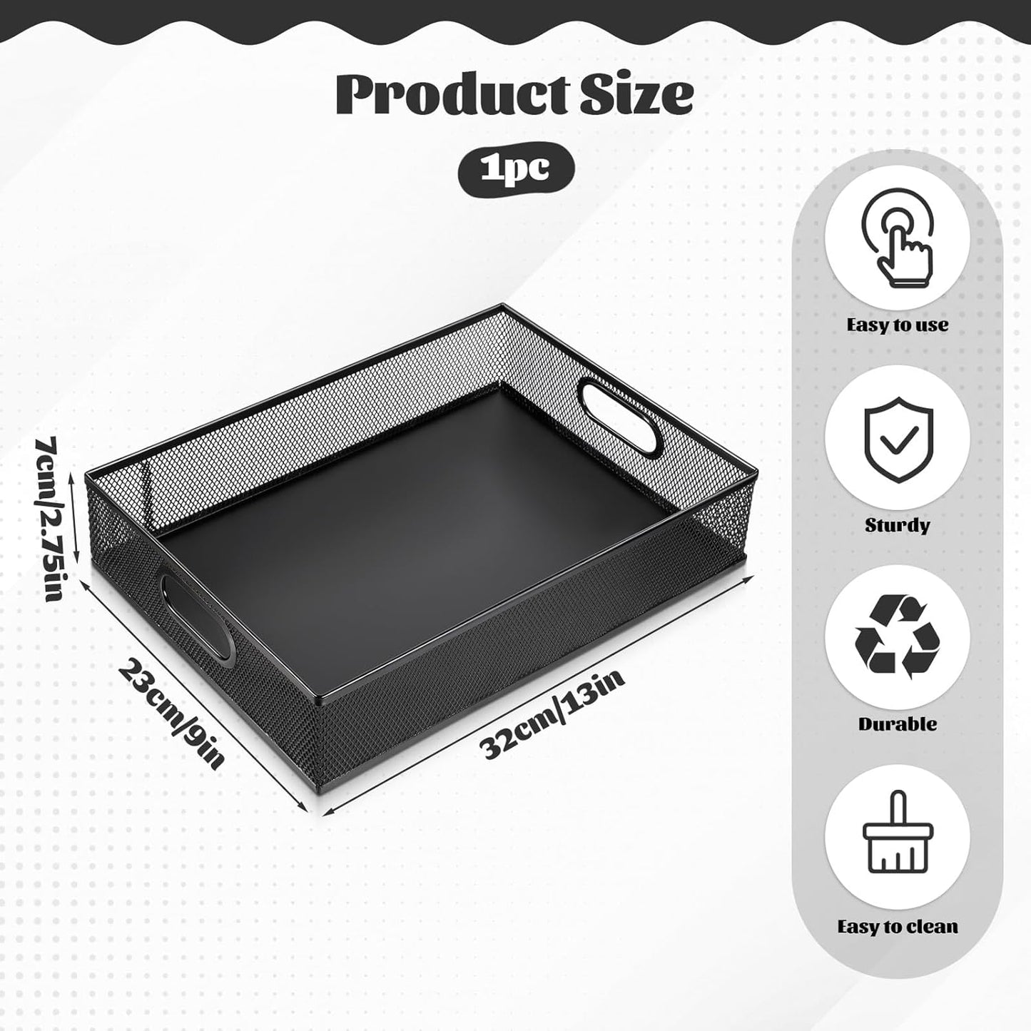 Desk Drawer Organizer, A4 Large Black Mesh Drawer Organizer Portable Desk Paper Letter Mail Basket Tray Versatile Metal Wire Storage Tray with Handle for Home Office Organizing Supplies, 13 X 9 Inches