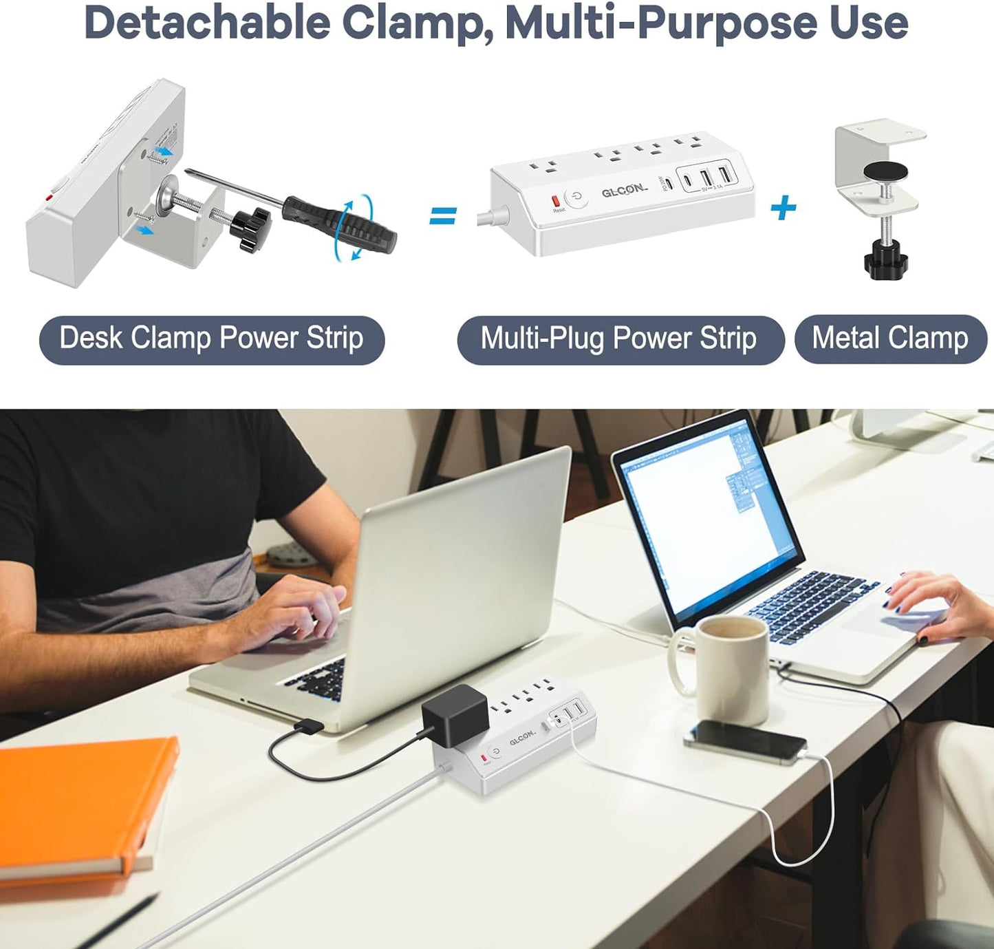 Desk Clamp Power Strip USB C - Charging Station for Multiple Devices - Multi Plug Outlet Extender - Desktop Mount Surge Protector with 4 Outlets 4 USB Ports for Phone, Tablet, Computer