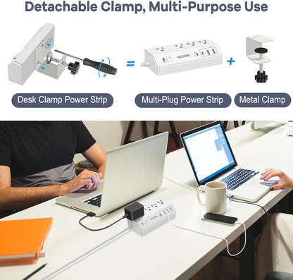 Desk Clamp Power Strip USB C - Charging Station for Multiple Devices - Multi Plug Outlet Extender - Desktop Mount Surge Protector with 4 Outlets 4 USB Ports for Phone, Tablet, Computer