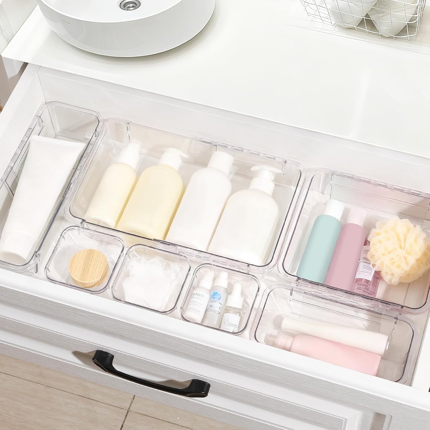 14 Pcs Adjustable Clear Drawer Organizer, Extendable Vanity Storage Bins, Desk Drawer Organizer Set for Makeup, Cosmetics, Bedroom, and Gadgets, Purple