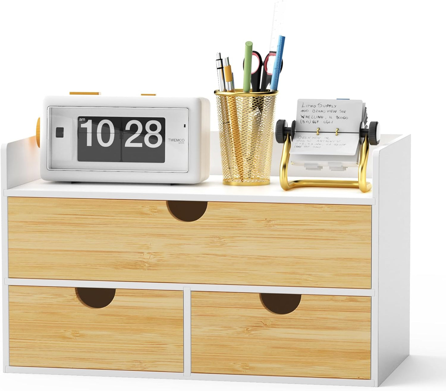 Desk Organizer with Drawers - Bamboo Desktop Organizer Storage | Wood Desk Drawers Organizer for Bills, Office Supplies, Cosmetics, Seals No Assembly Required (3 Drawer with Big Drawer)