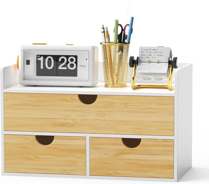 Desk Organizer with Drawers - Bamboo Desktop Organizer Storage | Wood Desk Drawers Organizer for Bills, Office Supplies, Cosmetics, Seals No Assembly Required (3 Drawer with Big Drawer)
