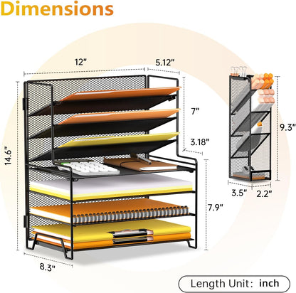 SUPEASY 7 Tier Desk Organizer, Desk File Organizer with Pen Holder, Paper Organizer for Desk, Desk Organizers and Accessories for Home Office School, Black