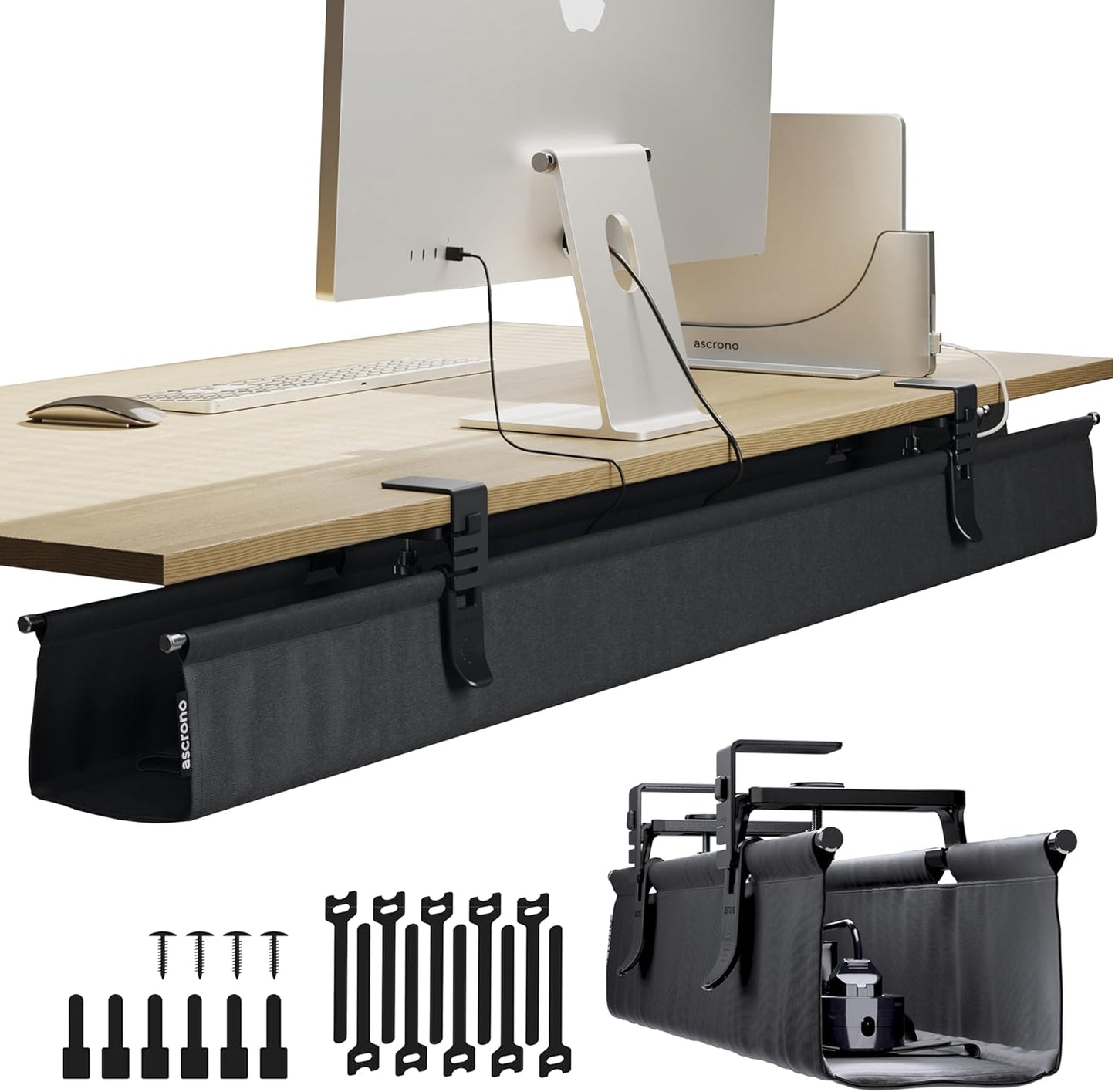 Ascrono Original No Drill Under Desk Cable Management Tray 27.3" - Premium White Fabric Cable Management Under Desk - Clamp/Screw Mount Cord Organizer - Supports Upto 66lbs
