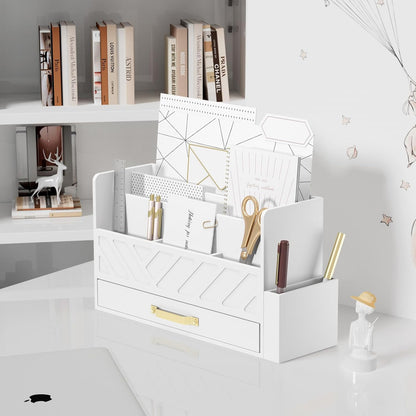 WISUCART Bamboo Desk Organizer Mail Holder Countertop Wood Desk Drawer Tabletop Storage Box Pen Holder Letter Sorter Makeup Organizer for School Home Office Supplies with Pen Holder White