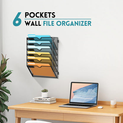 SUPEASY 5 Tier Wall File Organizer, Hanging Wall Mounted Mail Organizer with Label Slots, Metal Mesh File Holder Magazine Rack for Office, Home, School or Classroom, Black