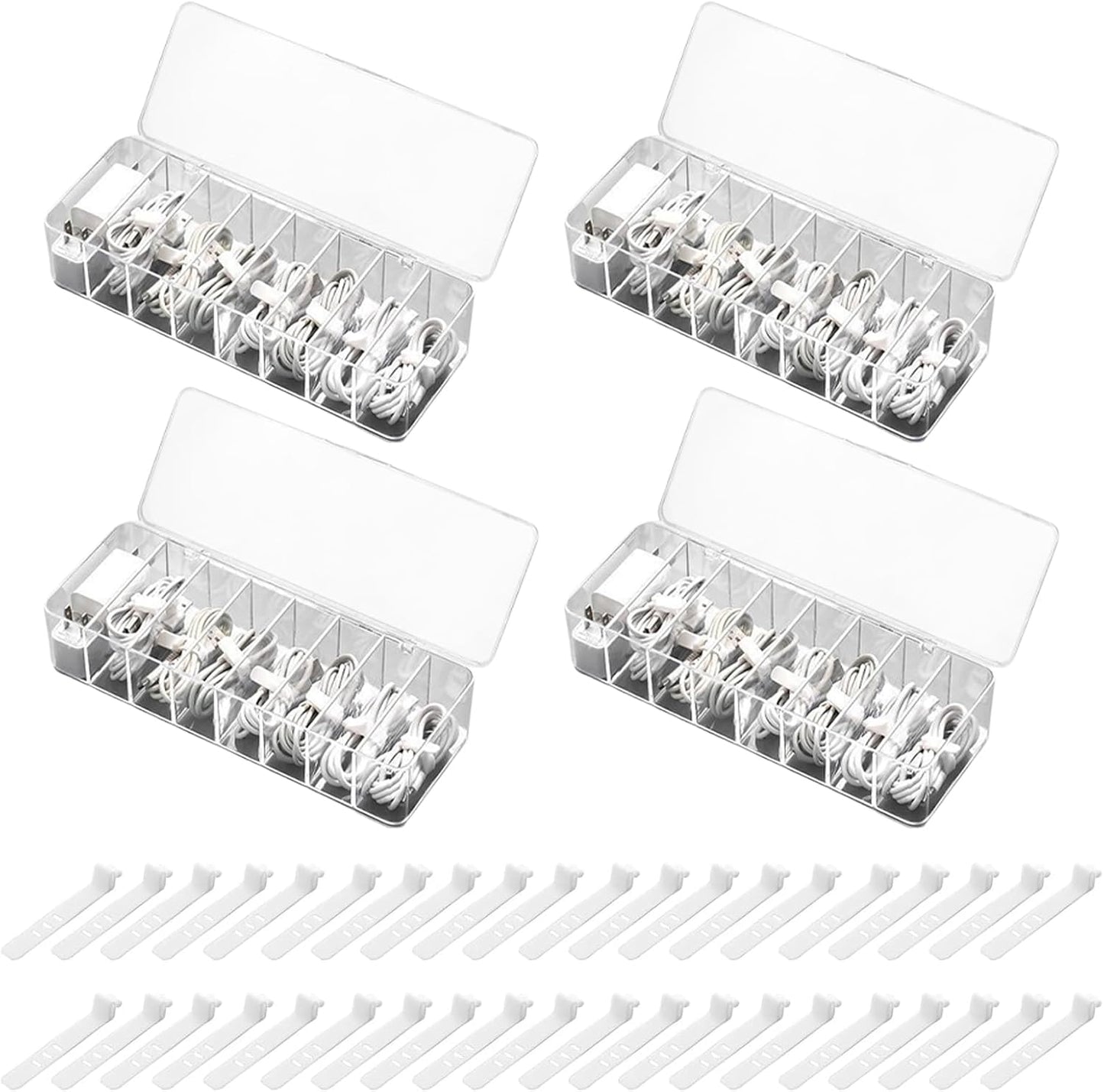 4 Pcs Cable Organizer with 40 Pcs Wire Ties, PlasticCord Storage Box with Clear Lid Electronics Cable Box for Home Office Supplies, Desk Organizers Accessories