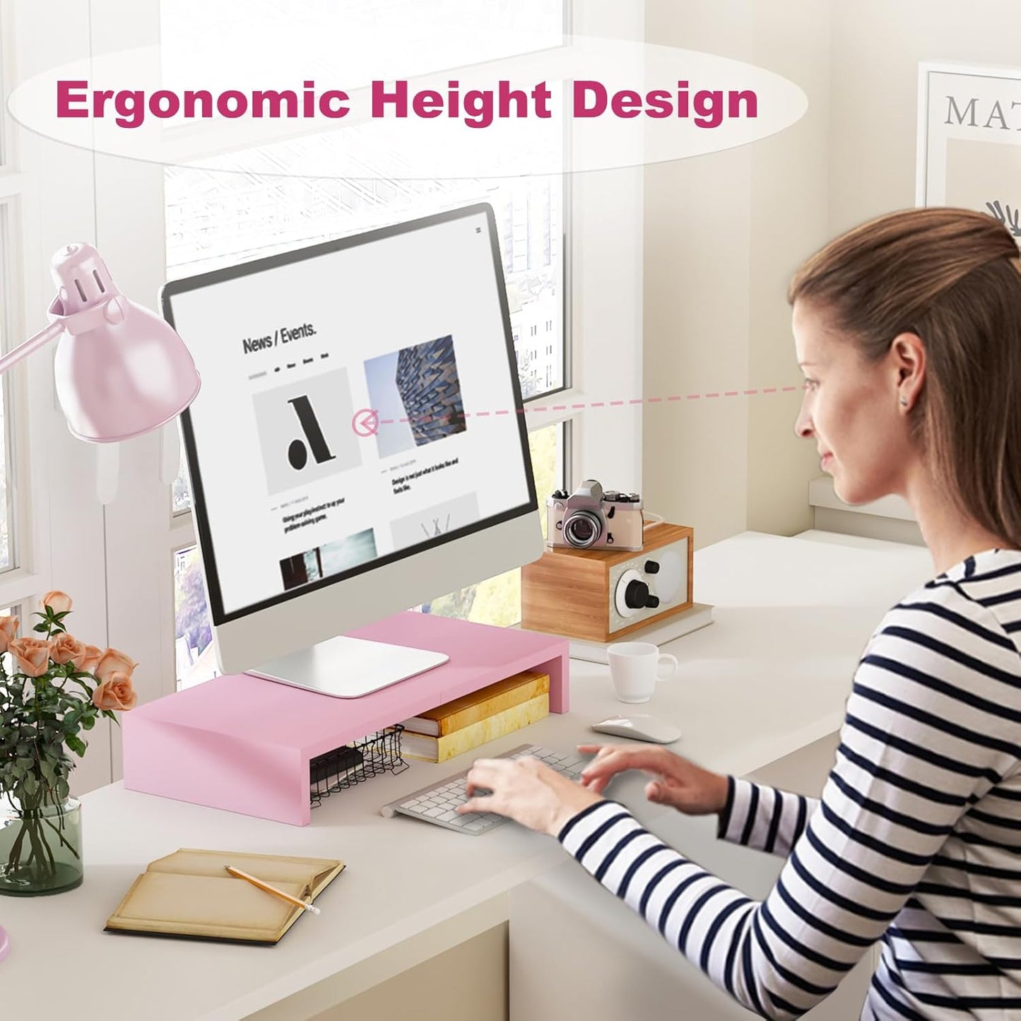 TEAMIX 20 inch White Monitor Stand Riser, Wood Desktop Stand for PC/TV/Laptop/Printer, White Monitor Riser with Storage, Computer Stand with Keyboard Organizer