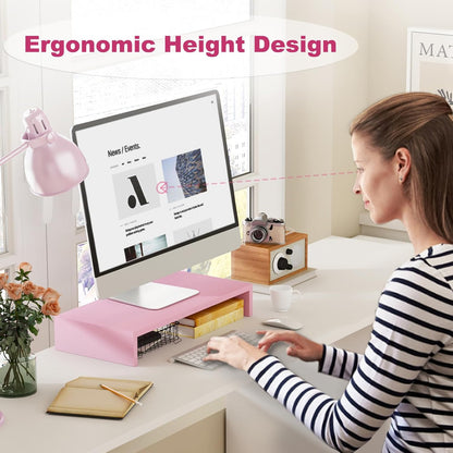 TEAMIX 20 inch White Monitor Stand Riser, Wood Desktop Stand for PC/TV/Laptop/Printer, White Monitor Riser with Storage, Computer Stand with Keyboard Organizer