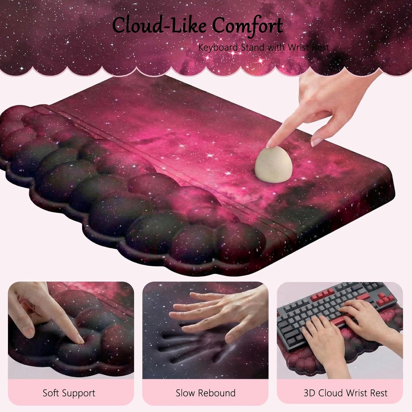 Computer Keyboard Stand Pad with Wrist Rest Purple Blue Cloud Keyboard Pad Support with Comfortable Galaxy Stars Wrist Pad Cute Girl Ergonomic Tilted Keyboard Riser Holder for Desktop Office Home