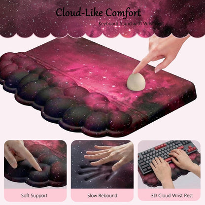 Computer Keyboard Stand Pad with Wrist Rest Purple Blue Cloud Keyboard Pad Support with Comfortable Galaxy Stars Wrist Pad Cute Girl Ergonomic Tilted Keyboard Riser Holder for Desktop Office Home