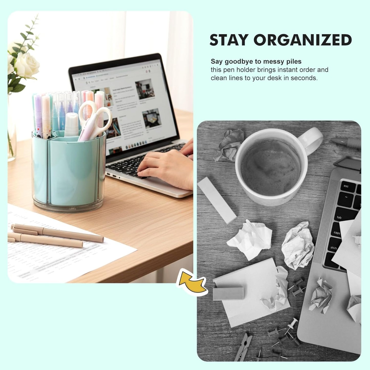 Comix 360° Rotating Pen Holder for Desk, Cute Pencil Holder Pen Organizer, Beige Acrylic Pencil Cup Caddy with 5 Slots for Home School Office Supplies