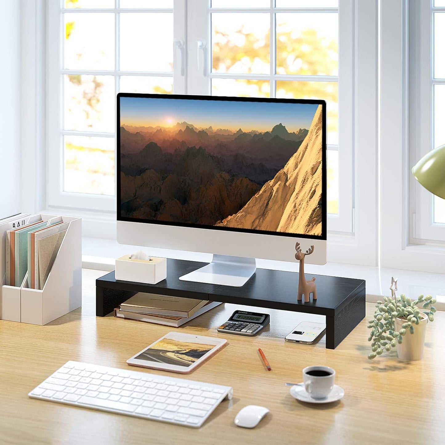 TEAMIX 20 inch White Monitor Stand Riser, Wood Desktop Stand for PC/TV/Laptop/Printer, White Monitor Riser with Storage, Computer Stand with Keyboard Organizer