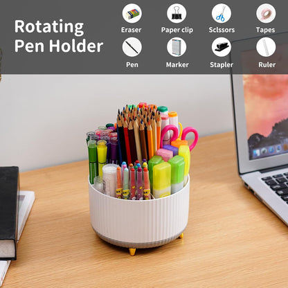 Marbrasse Desk Organizer, 360-Degree Rotating Pen Holder, Desk Organizers and Accessories with 5 Compartments Pencil Holder, Art Supply Storage Box Caddy for Office, Home（White）