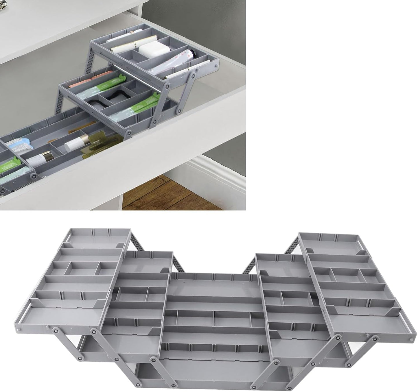 Pomya Multi Tier Drawer Organizer, Foldable Expandable Desk Storage Organizer Tray Bins with Compartments Storage Trays, Adjustable Double Row Organizer Trays for Make Up, Jewelry (2