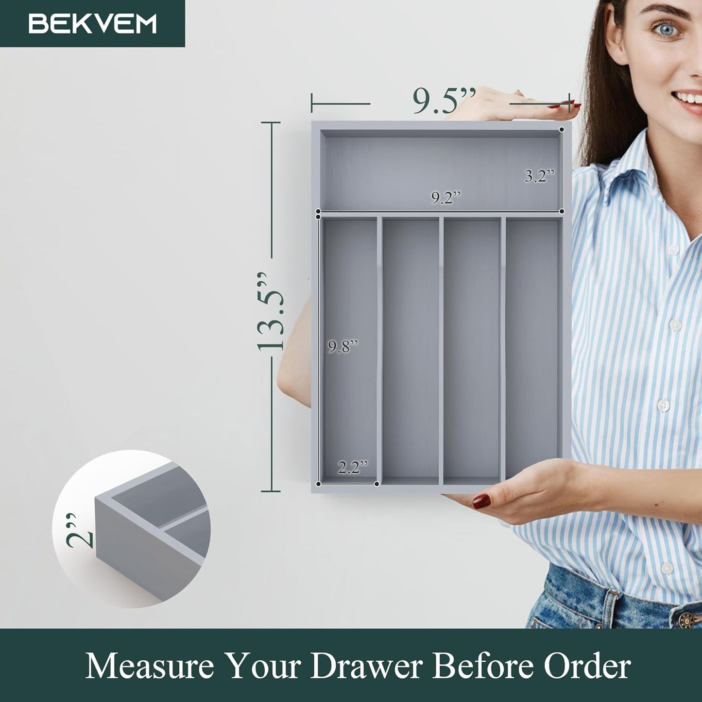 Small Silverware Organizer, Bamboo Kitchen Drawer Organizer, Utensil Holder, Cutlery Tray & Spoon Flatware Storage with Grooved Drawer Dividers (6.7''W x 12''D)