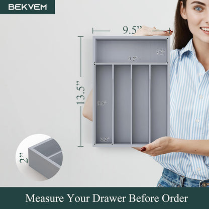 Small Silverware Organizer, Bamboo Kitchen Drawer Organizer, Utensil Holder, Cutlery Tray & Spoon Flatware Storage with Grooved Drawer Dividers (6.7''W x 12''D)