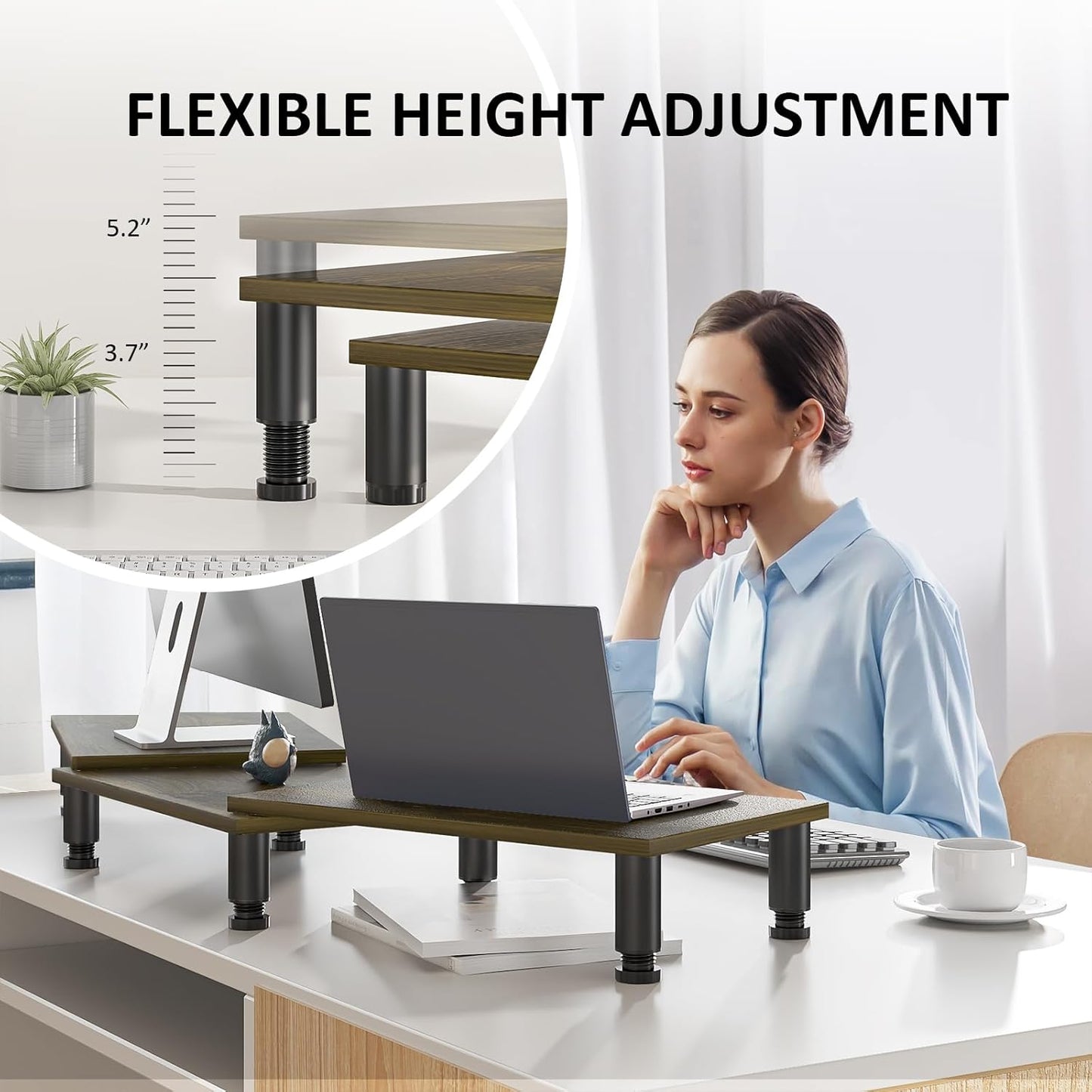 AX Waber Dual Monitor Riser - Adjustable Length & Angle, Wooden Stand for 2 Monitors with Storage