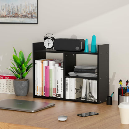 Jerry & Maggie Desktop Organizer Office Storage Rack Adjustable Wood Display Shelf Free Style Double H, Multi-Functional Mini Bookshelf for Desk Natural Stand (Natural Wood Tone)