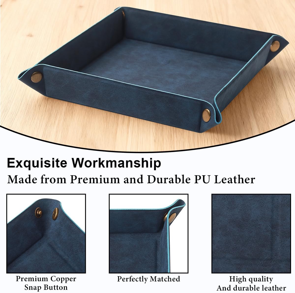 Valet Tray Desktop Storage Organizer – Premium PU Leather Catchall Bedside Vanity Tray Nightstand Caddy Holder for Remote Controller, Keys, Phone, Wallet, Coin, Jewelry,Brown