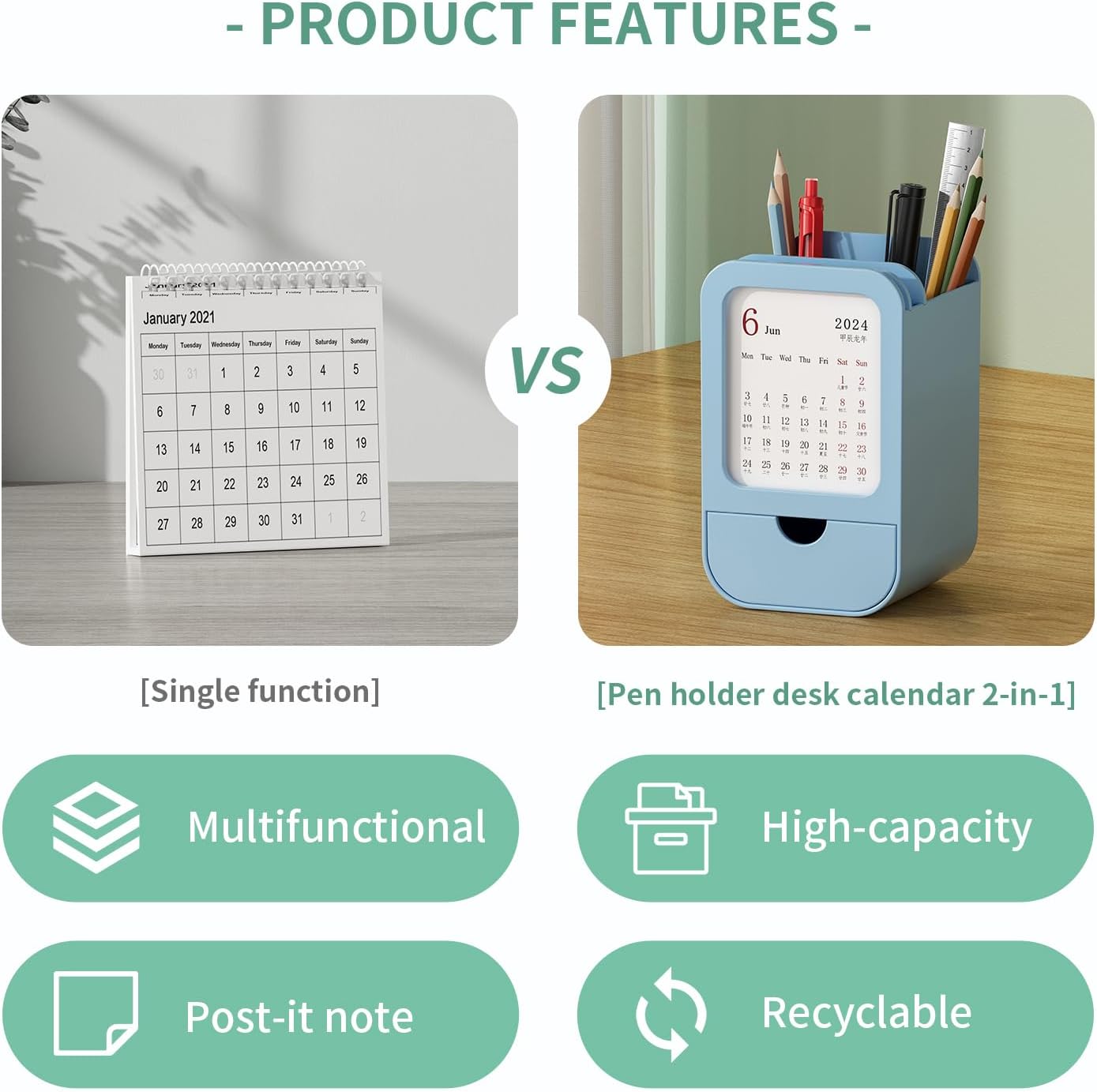 Upgraded Pen Holder with Built-in Calendar - Modern Desk Organizer for Office, School, Home, Premium Silicone Design with Chic Aesthetic, Multi-Functional Stationery & Makeup Storage - Blue