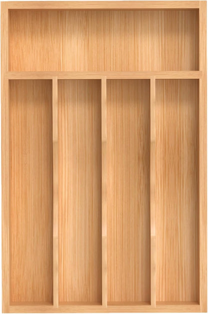 Small Silverware Organizer, Bamboo Kitchen Drawer Organizer, Utensil Holder, Cutlery Tray & Spoon Flatware Storage with Grooved Drawer Dividers (6.7''W x 12''D)