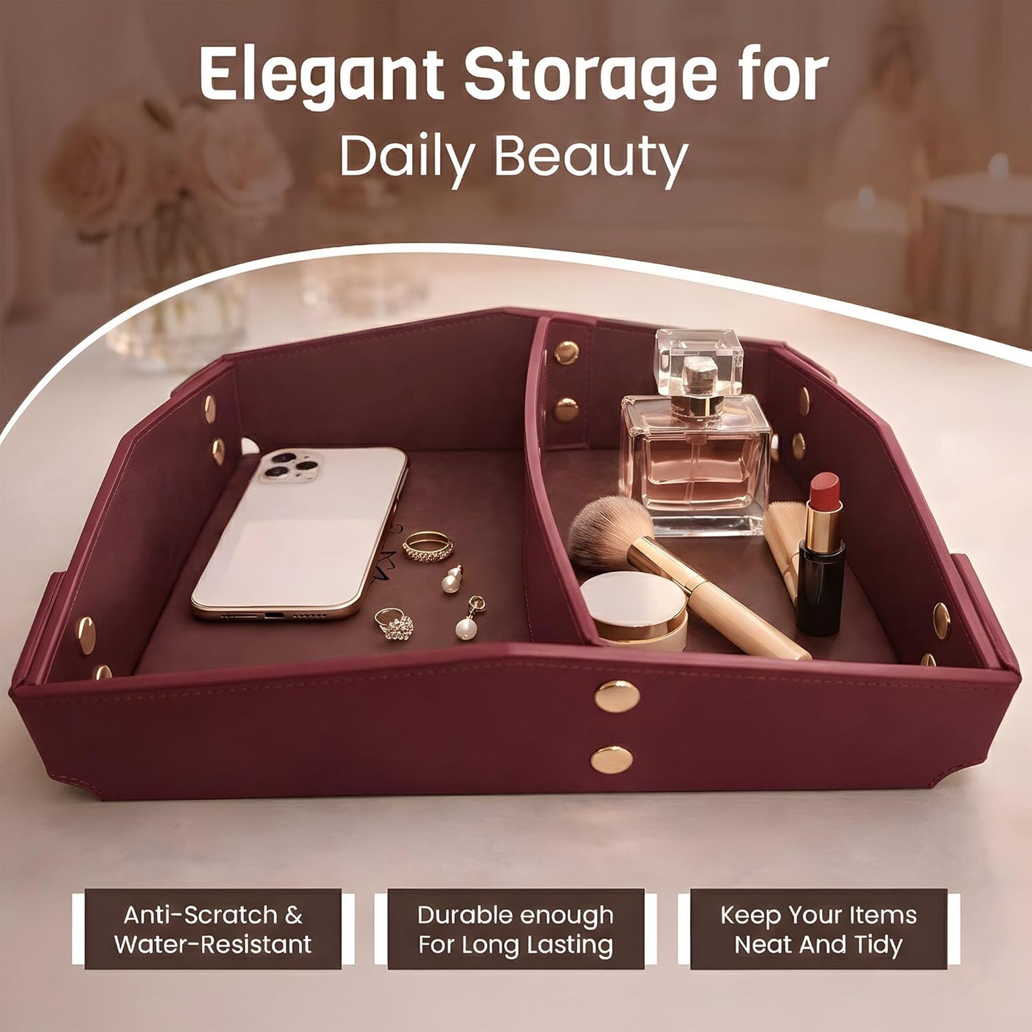Valet Tray Organizer for Men & Women - PU Leather Catch All Tray with Removable Divider - EDC Storage for Keys, Watch, Phone - Nightstand, Dresser & Desk Organizer - Pacific Navy