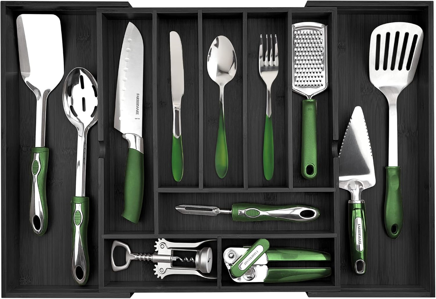 Pristine Bamboo Expandable Drawer Organizers for Kitchen - Extra Deep Non-Slip 17” x 14.6” (expands up to 25 inches) - Dark Wooden Silverware Divider (10 Compartments) – Organize Cooking Utensils