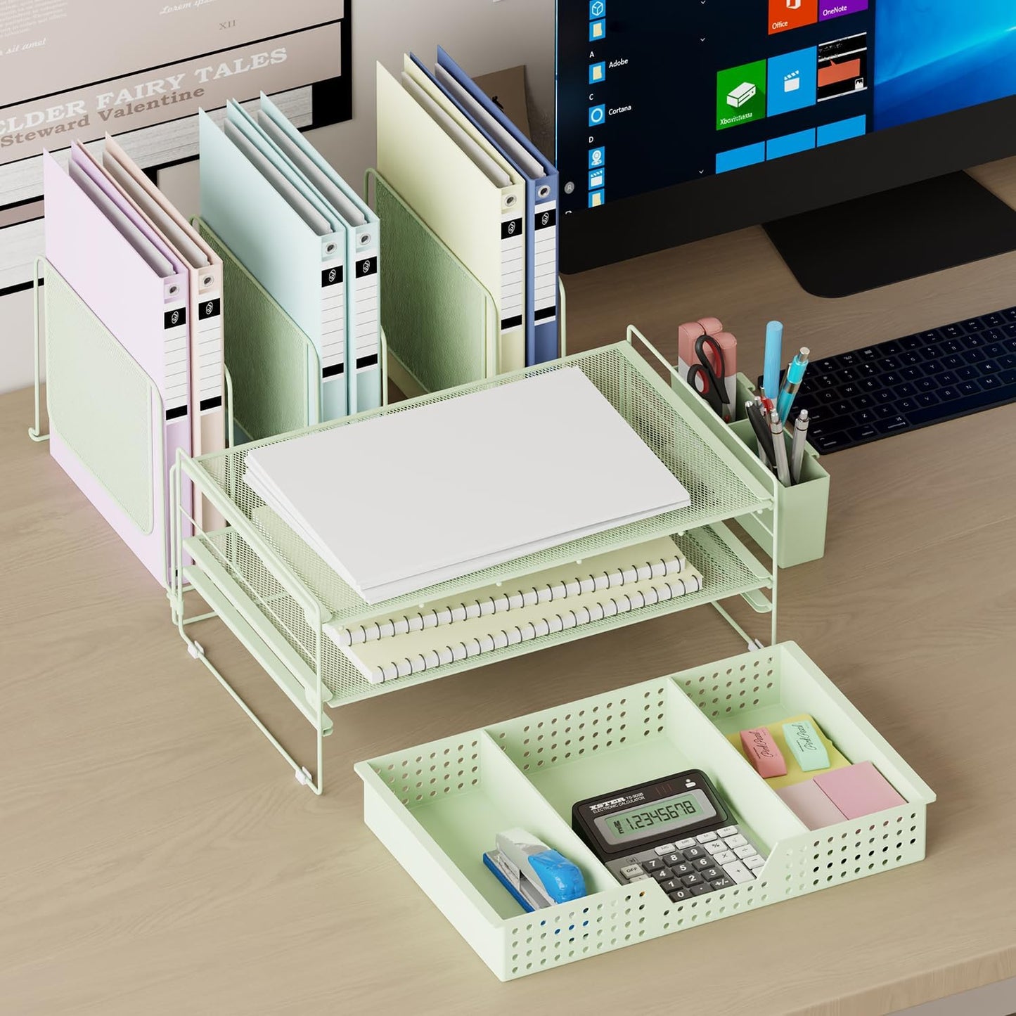 LEKETREE Desk Organizer, Office Organization with Vertical File Holder, File Organizer with Drawer and Pen Holder, Desk Accessories and Workspace Organizers for Home Office (Black)