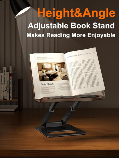 Tounee Book Stand, Telescopic Book Holder Stand, Adjustable Height Pull Out Design Ergonomic Cookbook Stand with Elastic Page Clips Fits All Books (Gray)
