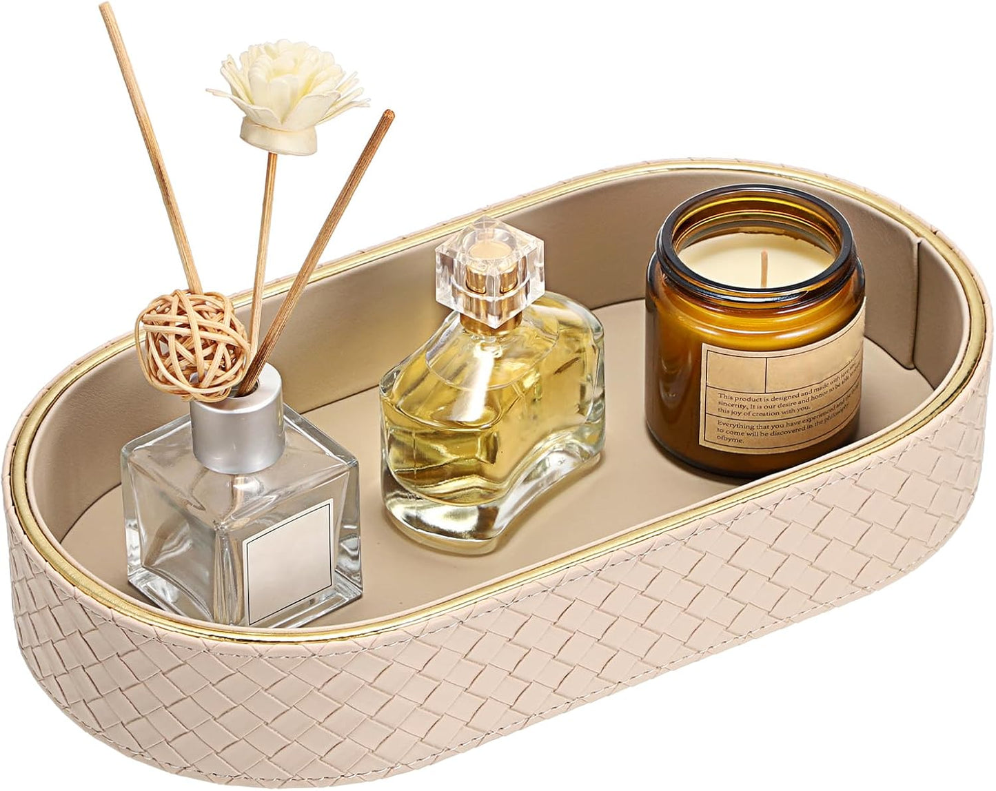 Hipiwe Perfume Trays PU Leather Vanity Tray for Dresser Bathroom Valet Trays Oval Desk Tray Jewelry Dish Holder Decorative Catchall Trays Nightstand Organizer, Beige