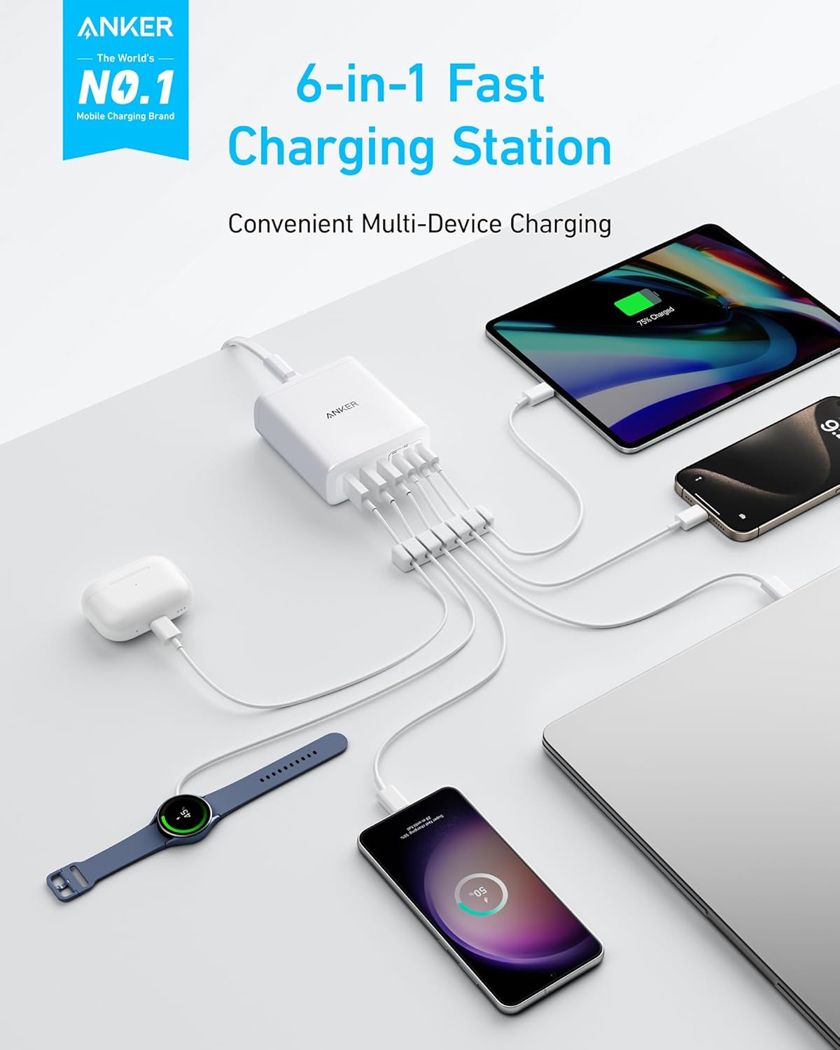 Anker Desktop Charger, Fast Charging USB C Charger with 112W Max 6-Port Desk Accessories for Home Office, Campatible with Multiple Devices, iPhone, iPad, MacBook, Galaxy and More (Cable Not Included)