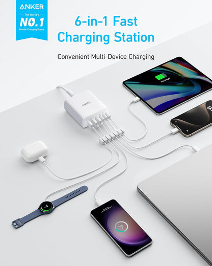 Anker Desktop Charger, Fast Charging USB C Charger with 112W Max 6-Port Desk Accessories for Home Office, Campatible with Multiple Devices, iPhone, iPad, MacBook, Galaxy and More (Cable Not Included)