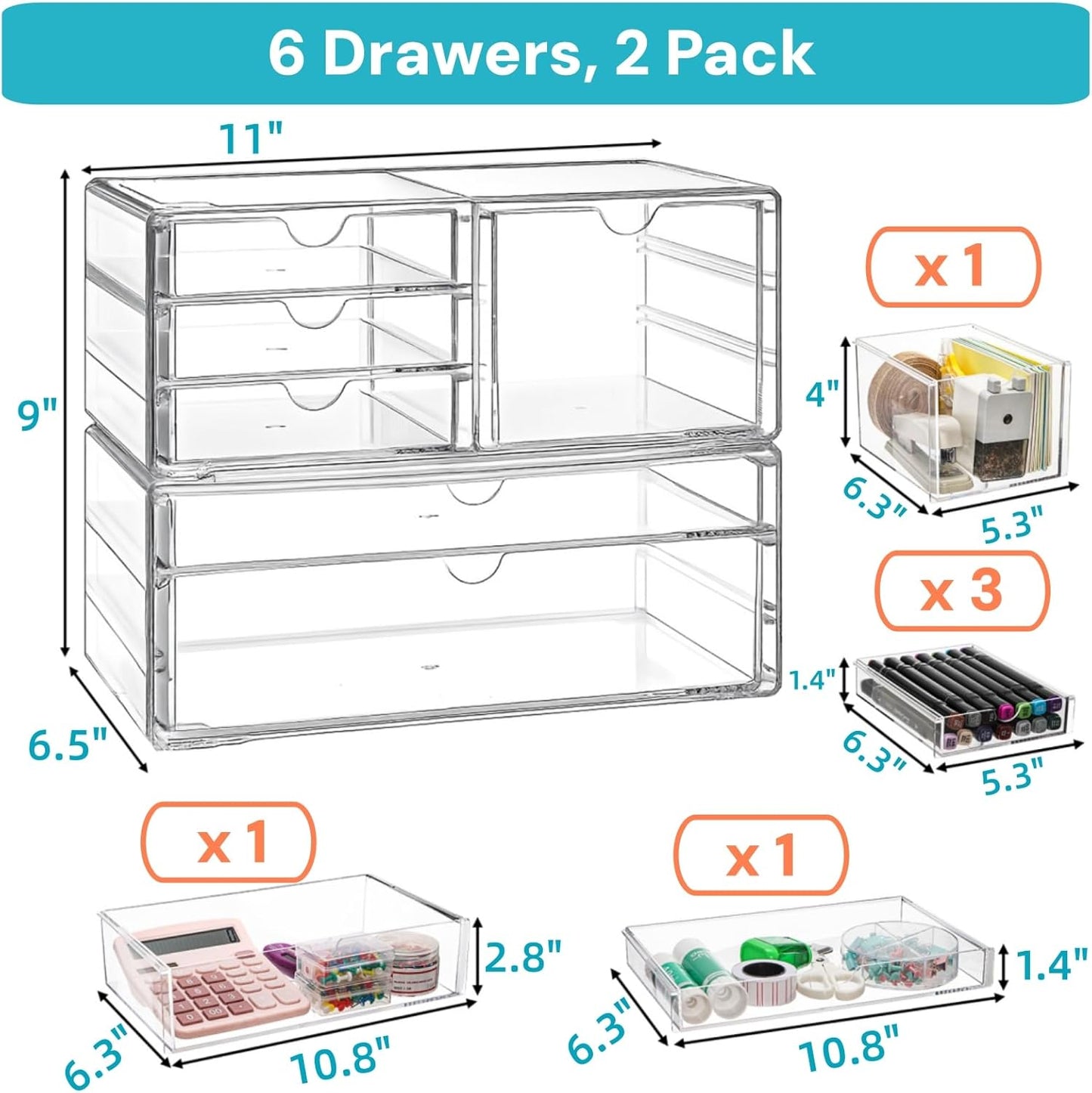 Acrylic Makeup Organizer with 6 Drawers, 11" Stackable Office Desk Organizer Accessories, Clear Bathroom Storage Drawers for Makeup Palettes, Cosmetics, Vanity, Art Craft Supplies