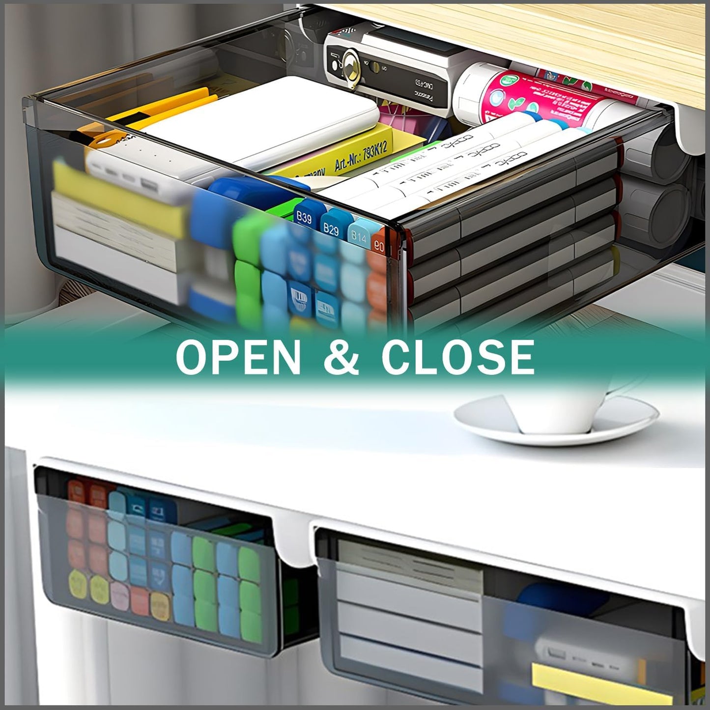 SVNNELP Large Under Desk Table Drawer Storage Organizer A4, Hidden Self-Adhesive Under Desk Pencil Tray Drawer for Office (Clear Black/L)