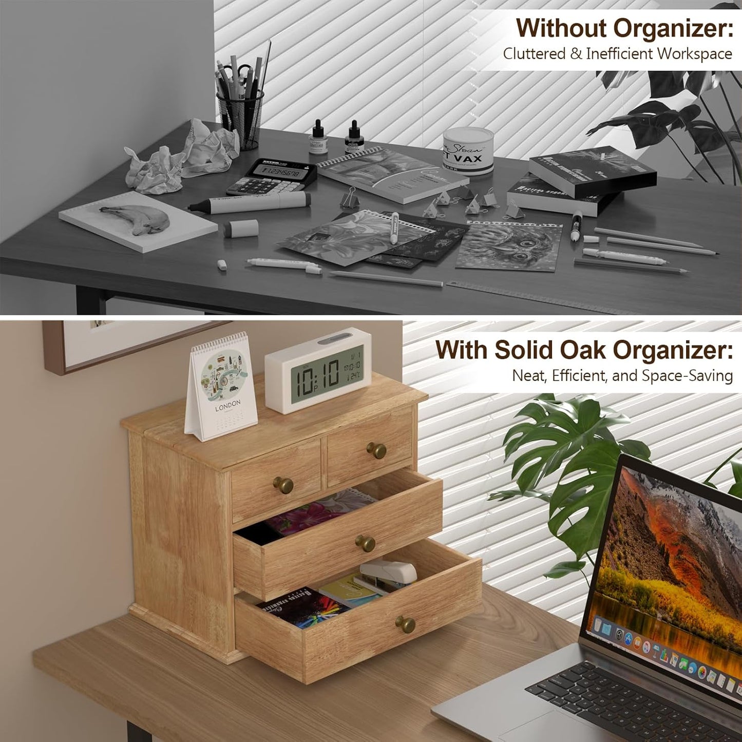 Oak Desk Organizer with Drawers, Durable Wooden Desktop Storage Box with Metal Handles & Non-Slip Silicone Pads, 4 Drawer Tabletop Organizer for Office, Bedroom, Bathroom, Vanity, and Makeup – Walnut