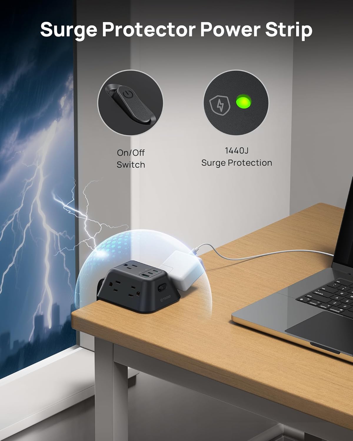 Desk Clamp Power Strip, Surge Protector with 5 AC Outlets and 3 USB Ports, Desk Mount Charging Station, Fit 1.97in Tabletop Edge Thick, 6FT Extension Cord, for Home Office Gaming Accessories, Black