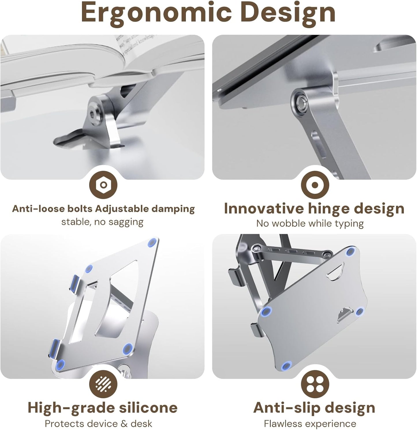 Laptop Stand for Desk, Adjustable Height & Angle Portable Aluminum Laptop Riser & Monitor Stand with 360° Swivel, Foldable Ergonomic Computer Stand for 10-17 Inch Laptops (MacBook/Dell/HP), Silver.