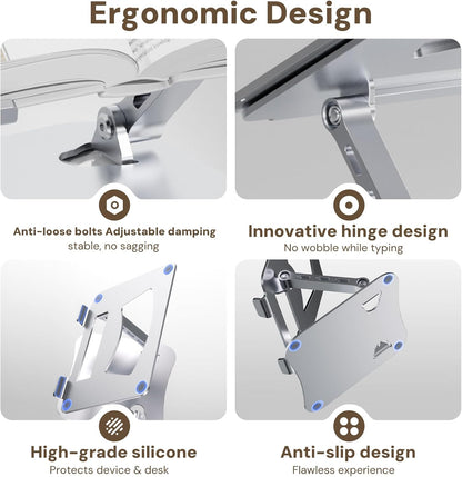 Laptop Stand for Desk, Adjustable Height & Angle Portable Aluminum Laptop Riser & Monitor Stand with 360° Swivel, Foldable Ergonomic Computer Stand for 10-17 Inch Laptops (MacBook/Dell/HP), Silver.
