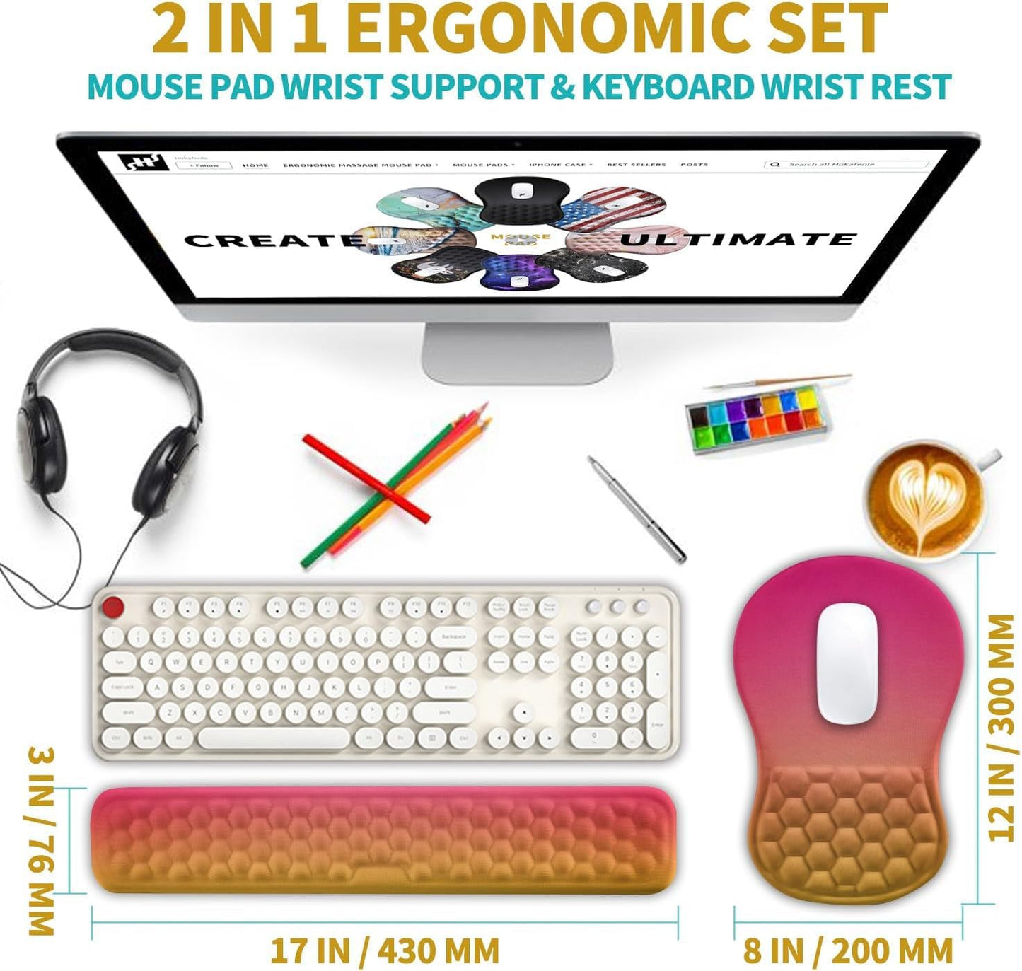 Hokafenle 2 in 1 Ergonomic Mouse Pad Wrist Support & Wrist Rest for Computer Keyboard Set, with Relieve Carpal Tunnel Pain Massage Bulge and Full Memory Gel Design (2In1 Set, Light Green)