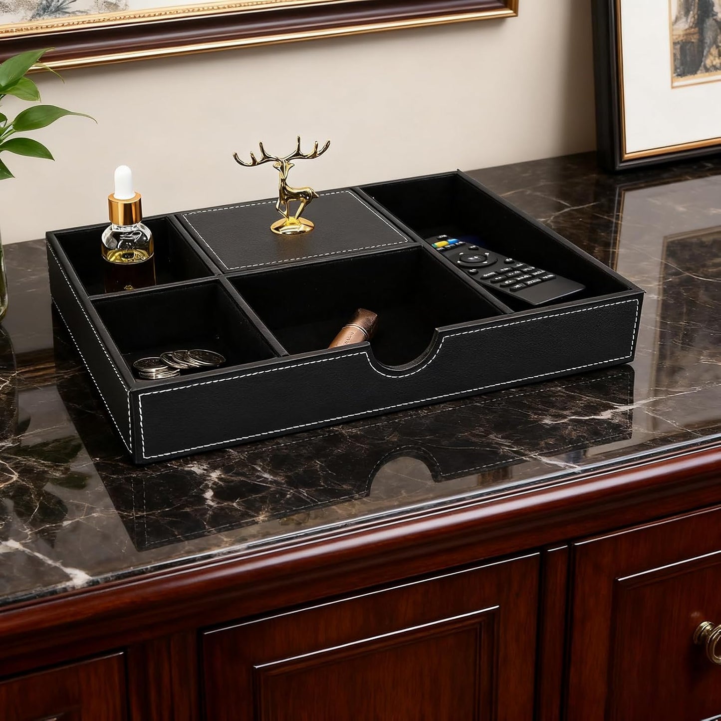 Jewelry Trays Nightstand Organizer, Valet Tray for Men and Women, Dressing Table Storage Box, Dark Brown Faux Leather, 5 Compartment