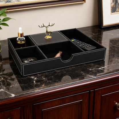 Jewelry Trays Nightstand Organizer, Valet Tray for Men and Women, Dressing Table Storage Box, Dark Brown Faux Leather, 5 Compartment