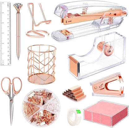 Office Desk Accessories, Acrylic Stapler, Staple Remover, Tape Holder, Pen Holder, Ballpoint Pen, Scissor, Binder Clips, 1000pcs Staples, Phone Holder, Ruler, Transparent Glue and 300 Notes