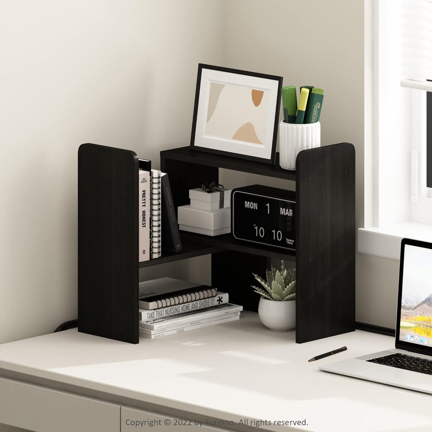 Furinno Classic Desk Organizers and Accessories, 2-Tier Monitor Riser, Office Organization, Desk Top Book Shelf, for Office Supplies, Office Desk Accessories, Dark Espresso