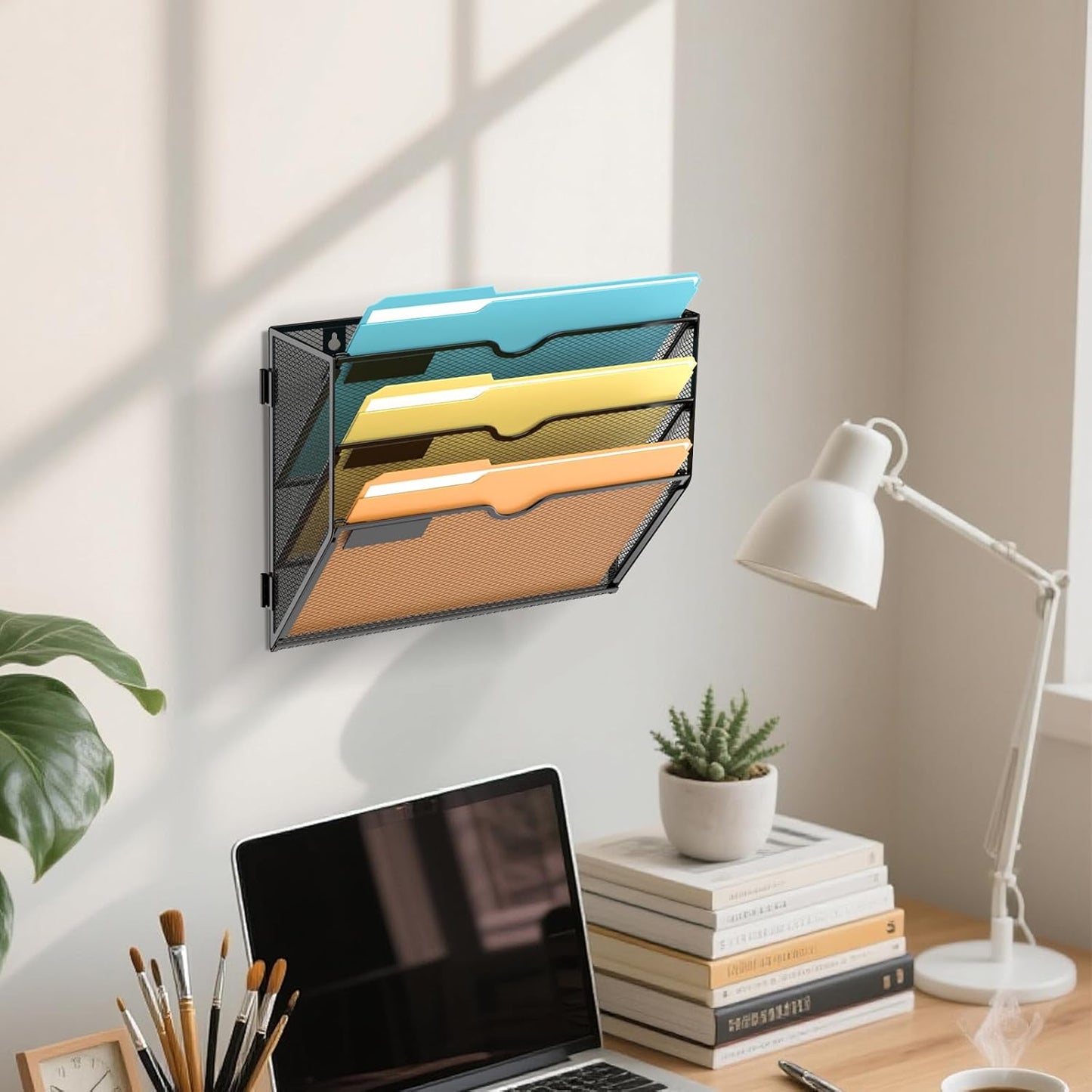SUPEASY 5 Tier Wall File Organizer, Hanging Wall Mounted Mail Organizer with Label Slots, Metal Mesh File Holder Magazine Rack for Office, Home, School or Classroom, Black