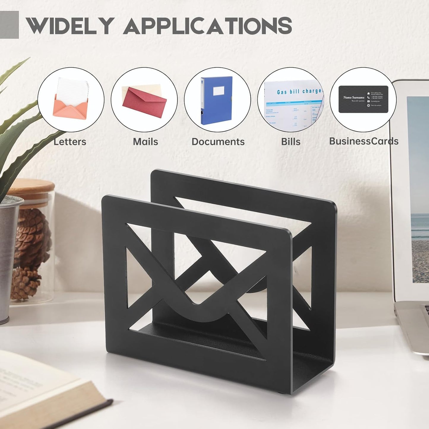 Desktop Metal Mail Holder,Modern Black Letter Organizer for Desk with Cutout Envelope Design,Home and Office Envelope and Document Storage Rack (Black)